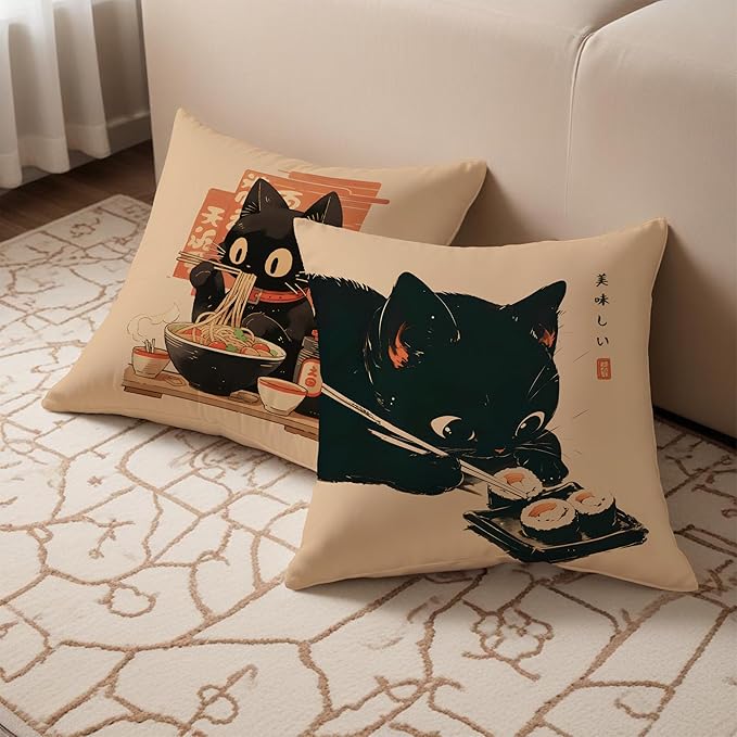 Funny Vintage Black Cat Japanese Sushi Ramen Noodles Pillow Covers 18x18 Set of 2, Aesthetic Black Cat Art Painting Decor Pillow Covers for Room Bedroom