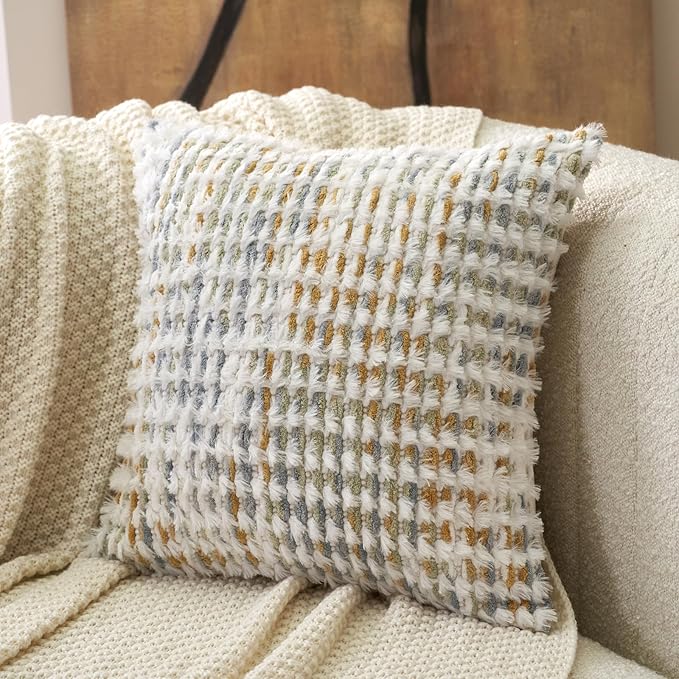 Aeckself Boho Chenille Tufted Pillow Cover 20 x 20 Inch, Decorative Square Throw Pillow Cover Neutral Pillowcase for Couch Bedroom Living Room, Yellow White