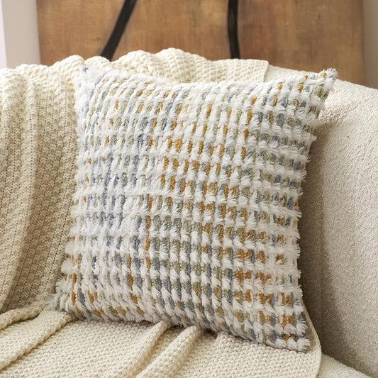 Aeckself Boho Chenille Tufted Pillow Cover 20 x 20 Inch, Decorative Square Throw Pillow Cover Neutral Pillowcase for Couch Bedroom Living Room, Yellow White