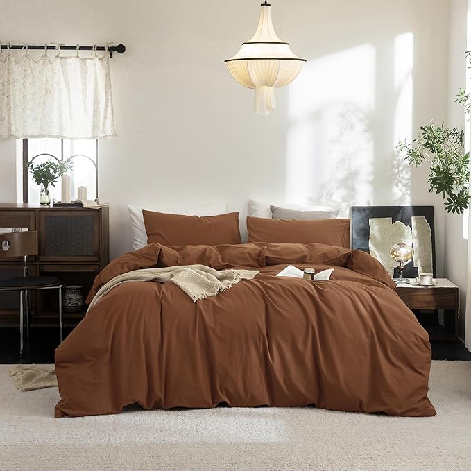 FOSSA Duvet Cover Set 100% Washed Cotton Linen Feel Super Soft Breathable Cozy 3 Pieces Bedding Sets Solid Dark Orange Oversized King