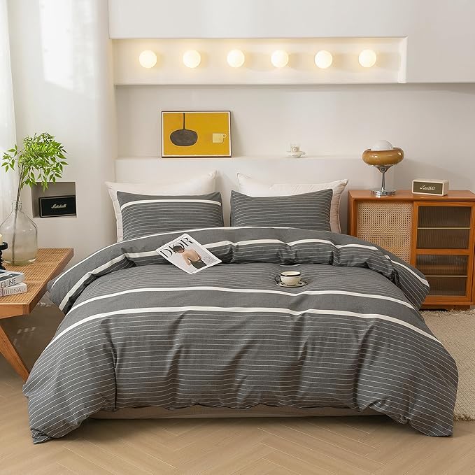 ECOCOTT Duvet Cover Set, 100% Washed Cotton Linen-Like Textured Soft & Breathable, Durable Comfy Bedding Set for All Seasons California King Size, Grey Stripes