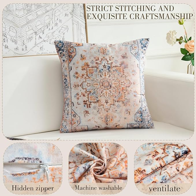Boho Throw Pillow Covers 22x22 inch Set of 2,Boho Vintage Carpet Pattern Antique Ethnic Decor Double Sided Pattern Cushion Cover Soft Pillow Case Living Sofa Room Bed Square Pillow Cover