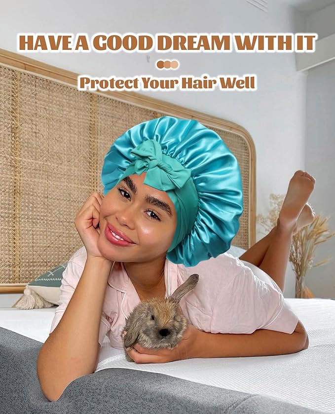 Satin Bonnet Silk Bonnet for Sleeping Silk Sleep Cap Double Layer Hair Bonnet with Elastic Tie Band for Curly Hair Night Cap (Peacock green+Wheat green)