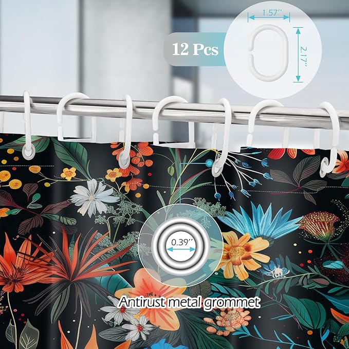Aimego Black Floral Shower Curtain - Dark Vintage Flower Plants Boho Chic Colorful Botanical Leaves Fabric Cloth Bath Shower Curtain Set with 12 Hooks for Bathroom Decor Accessories, 72"x72"