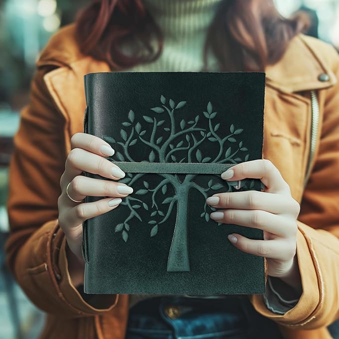 LEATHER VILLAGE Tree of Life Journal - 13 X 8 inches - Turquoise - 200 Antique Deckle Edge Handmade Paper – Book of Shadows - Vintage Leather Bound Journal for Women & Men