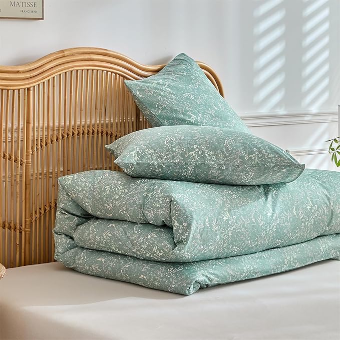 mixinni 3 Pieces Duvet Covers King Size, 100% Cotton Comforter Cover Wildflower Printed on Sage Green Floral Bedding Set with Zipper Closure 4 Ties (1 Duvet Cover 104"x90", 2 Pillow Cases 20"x36")