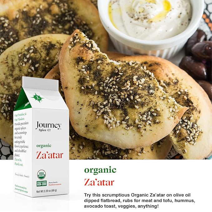 Gourmet Organic Moroccan Spice Rub & Organic Za’atar Gift Set by Journey Spice Co. | Salt-Free | Mediterranean Seasoning | Poultry, Chicken, Shawarma, Tagine, Meat & Vegetable Seasoning | Non-GMO, Natural | 6.17 oz. (total) | Resealable/Reusable Cap