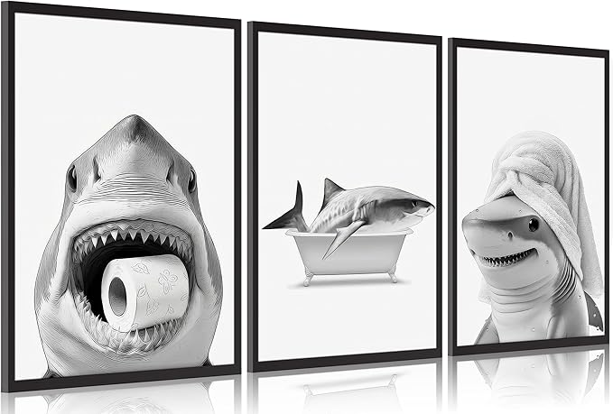 3pcs Black And White Shark Bathroom Canvas wall art Funny ocean Animal bathtub Paintings Pictures Wall Decor Modern Poster Printing Artwork for Restroom Toilet Home Decoration Unframed
