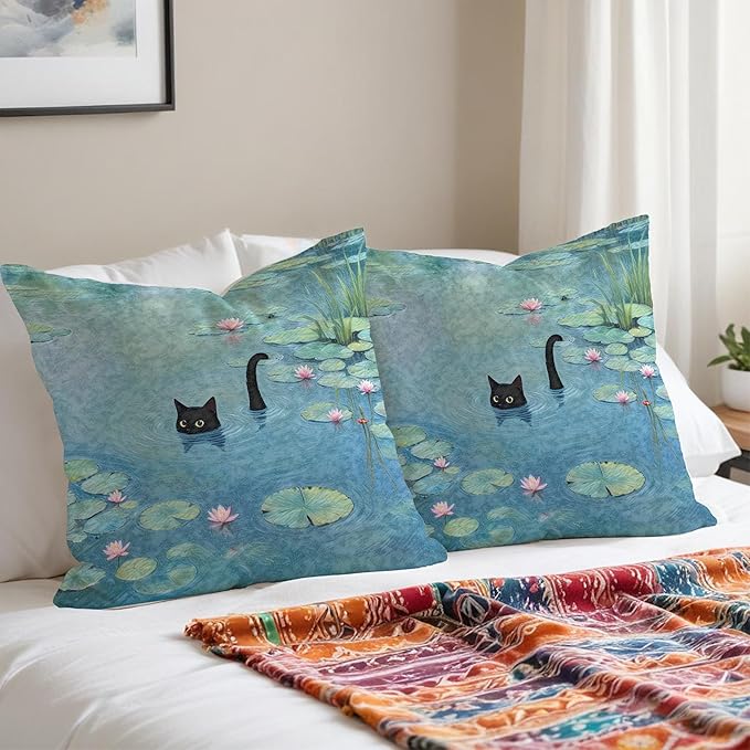Black Cat Art Painting Throw Pillow Covers 18x18, Aesthetic Black Cat Decor Pillow Covers, Vintage Cats Decor for Room Bedroom, Cats Lovers Lady Mom Grandma Gifts