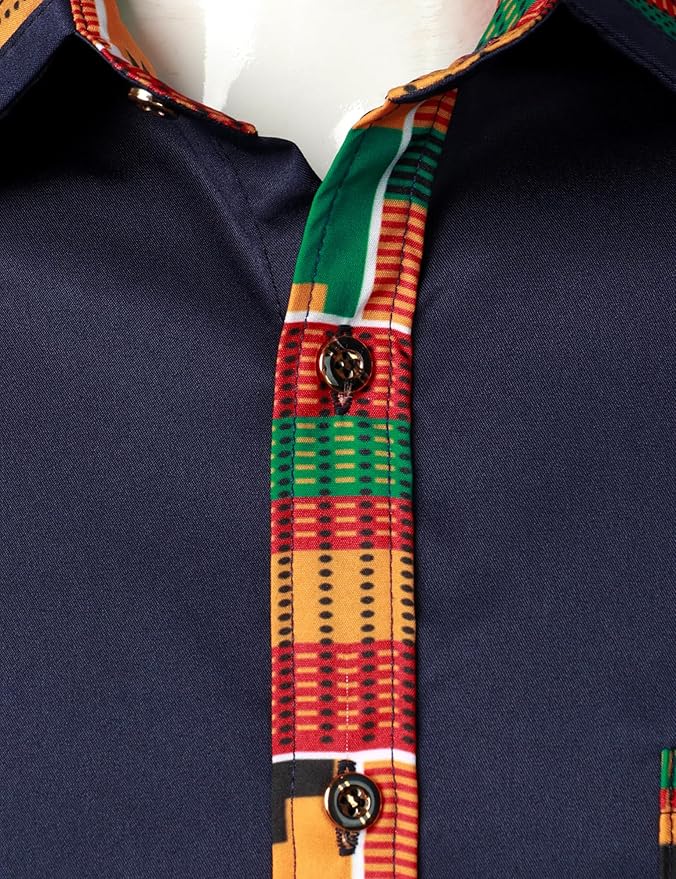 ZEROYAA Men's African Printed Patchwork Design Short Sleeve Button up Shirt