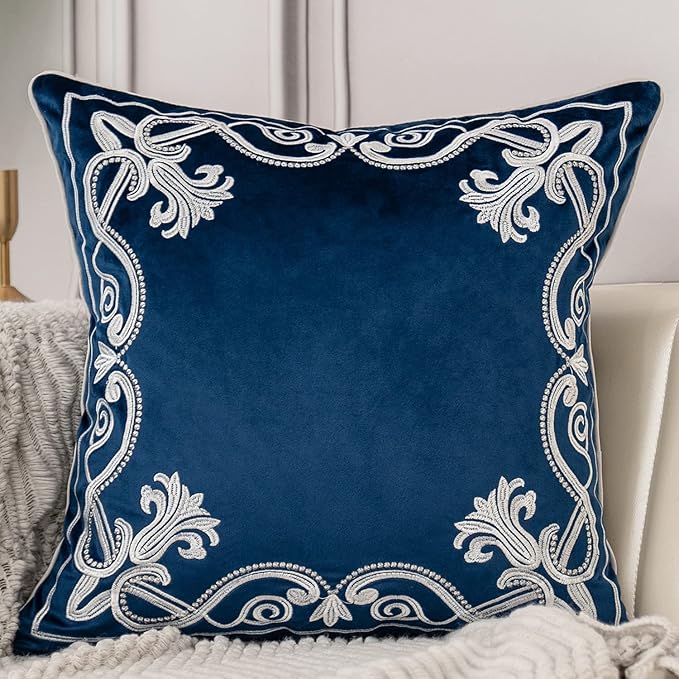 Aeckself European Floral Pillow Cover 18x18 Inch, Luxury Velvet Embroidered Decorative Throw Pillow Cover for Couch Bedroom Living Room, Navy Blue and White
