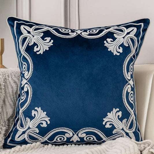 Aeckself European Floral Pillow Cover 18x18 Inch, Luxury Velvet Embroidered Decorative Throw Pillow Cover for Couch Bedroom Living Room, Navy Blue and White