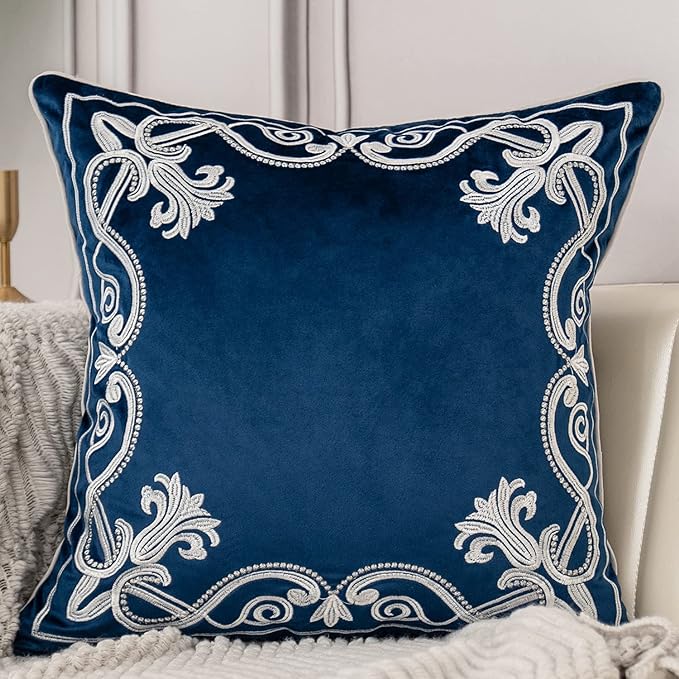 Aeckself European Floral Pillow Cover 20x20 Inch, Luxury Velvet Embroidered Decorative Throw Pillow Cover for Couch Bedroom Living Room, Navy Blue and White