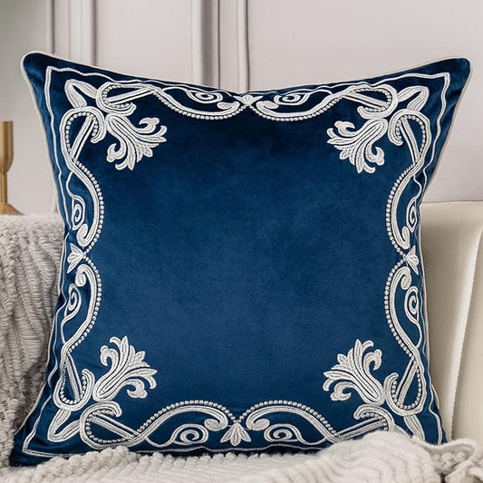 Aeckself European Floral Pillow Cover 20x20 Inch, Luxury Velvet Embroidered Decorative Throw Pillow Cover for Couch Bedroom Living Room, Navy Blue and White