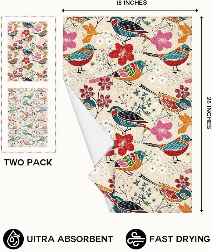 Microfiber Kitchen Towels - Set of 2 Dish Towels for Kitchen 18 x 26 Inch Home Decoration Floral Bird Cute Spring Hand Towels Soft & Absorbent Aesthetic Design