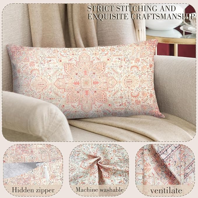 Boho Throw Pillow Covers 12x20 inch Set of 2,Boho Vintage Carpet Pattern Antique Ethnic Decor Double Sided Pattern Cushion Cover Soft Pillow Case Living Sofa Room Bed Square Pillow Cover