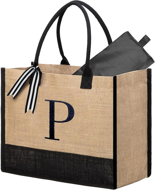 BeeGreen Embroidery Monogram Initial Tote Bag for Women Teacher Mom Friend Personalized Gift for Birthday Beach Work Wedding