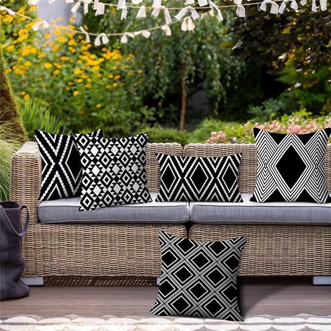 NIGHTWISH Outdoor Waterproof Pillow Covers 12x20 Set of 4 Black and White Decorative Outdoor Throw Pillows Boho Cushion Cases for Patio Furniture Bench Couch Sunbrella