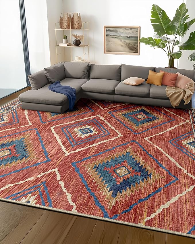 Area Rug 9x12 Rug Machine Washable Non-Slip Low Pile Print Pattern Western Rug for Living Room Bedroom Entryway Tribal Series -Red/Orange