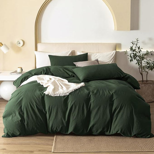 JIYUAN 100% Washed Cotton Duvet Cover Set 3 PCS Super King Plus, 1 Duvet Cover 120x120 Inches(Comforter Not Included) and 2 Pillowcases,Linen Feel Bedding Set Comfy and Breathable,Forest Green