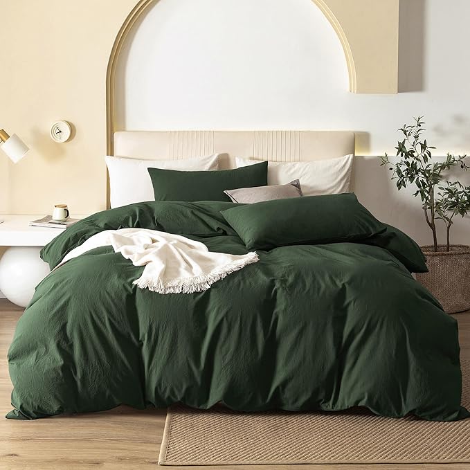 JIYUAN 100% Washed Cotton Duvet Cover Set 3 Pieces Full, 1 Duvet Cover 80x90 Inches(Comforter Not Included) and 2 Pillowcases,Linen Feel Bedding Set Comfy and Breathable,Forest Green