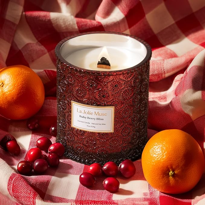 LA JOLIE MUSE Ruby Berry Bliss Scented Candle – Mandarin, Cranberry & Plum | 19 oz Festive Fall Candle | Wooden Wick | Clean Burn & Vibrant Scent | Fun Gift for Hosts & Fall Tablescapes