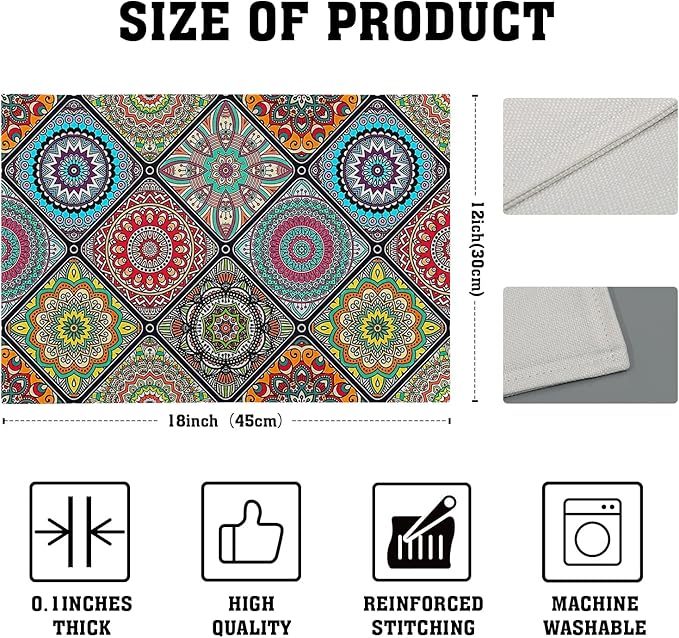 Giwawa Boho Mandala Placemats, Mexican Ethnic Traditional Pattern with Geometric Plaids, Abstract Flower Washable Linen Table Place Mats Set of 4 for Dining Kitchen Party, 12"x18"