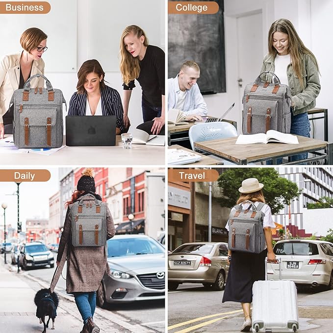 LOVEVOOK Laptop Backpack for Women Work Travel Commuter Teacher Backpack Business Computer Bag Doctor Nurse Bags College Backpack Purse, 17 Inch, Grey-brown