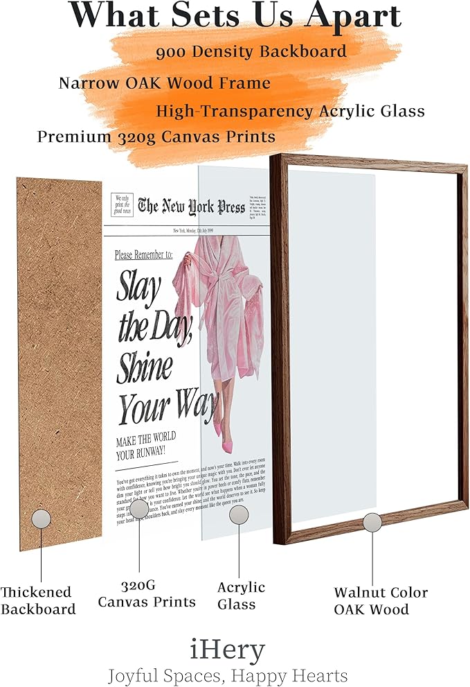 iHery Natural OAK Wood Retro Vintage Pink News Walnut Color Framed Wall Art, 12x16 in Slay the Day Shine Your Way Canvas Wall Decor, Trendy Newspaper Art For Bedroom Bathroom Living Room 1Pack
