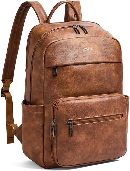 Leather Laptop Backpack for Women 15.6 Inch Laptop Travel Backpack Purse Casual Daypack with Laptop Compartment for College Work Nurse Business Weekender, Brown