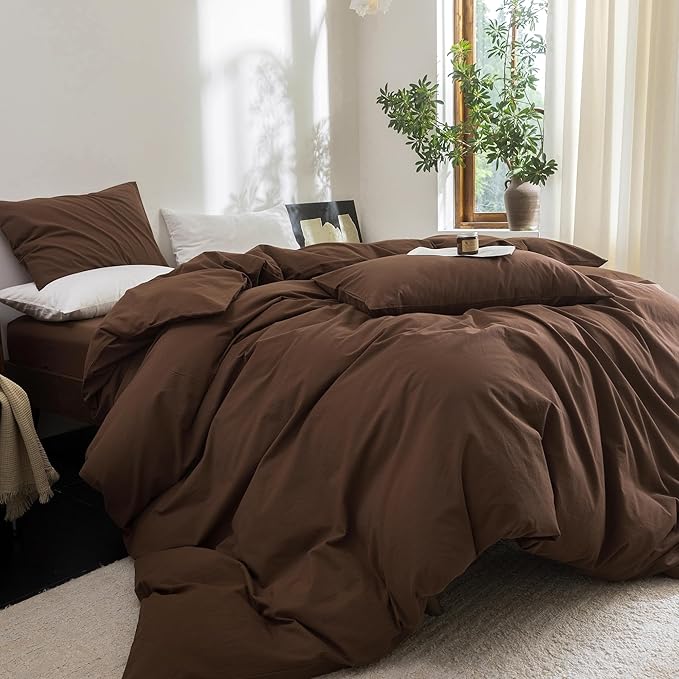 FOSSA Duvet Cover Set 100% Washed Cotton Linen Feel Super Soft Breathable Cozy 3 Pieces Bedding Sets Solid Cocoa Brown Queen