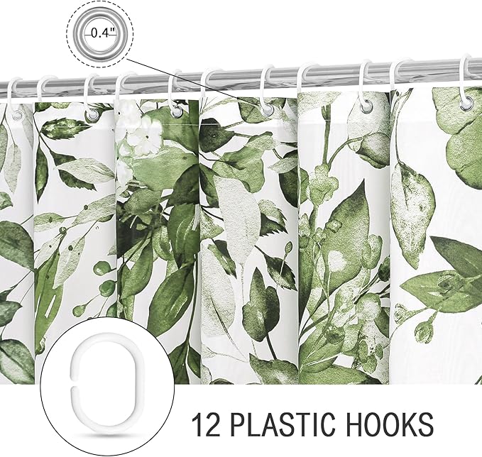 Gibelle Olive Green Eucalyptus Shower Curtain, Watercolor Plant Leaves with Floral Bathroom Shower Curtain Set with Hooks, 72x72