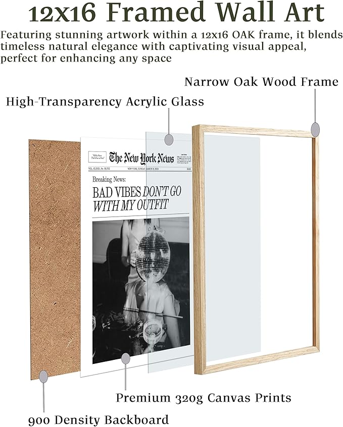 EcoHest Trendy Newspaper Magazine Framed Wall Art, 12x16 in OAK Wood Bad Vibes Don't Go With My Outfit Disco Bar Canvas Wall Art, Preppy Retro Home Decor For Bedroom Living Room 1Pack