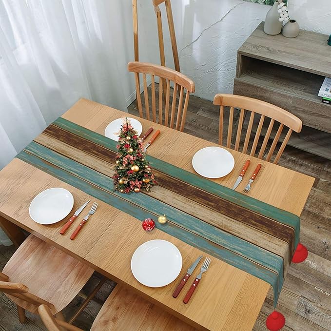 Wood Print Table Runner Seasonal Kitchen Dining Linen Table Decoration for Indoor Outdoor Home Party Dinner 13x72 Inch