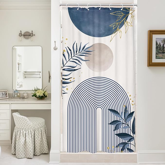 Small Stall Boho Shower Curtain 36Wx72H RV Blue Modern Mid Century Abstract Leaves Plant Minimalist Geometric Bathroom Decor Half Narrow Standing Bath Curtain Fabric Polyester 7 Pack Hook