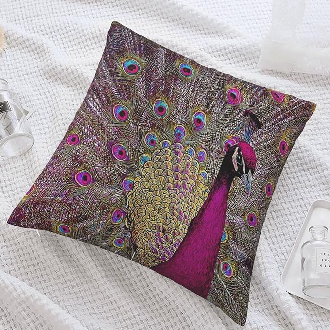 Magenta Peacock Square Pillow Case Throw Pillow Covers Decorative Pillowcase Cushion Cover with Car Couch Sofa Chair Bed Living Room 18x18 Inch