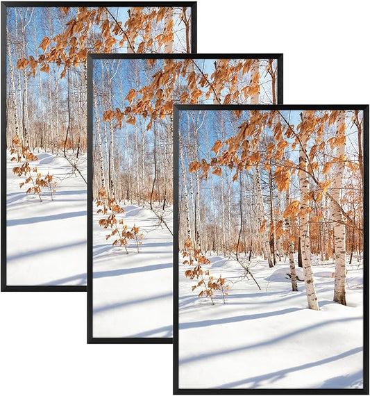 Golden State Art, 12x18 Aluminum Picture Frame, Black Metal Thin Poster Frames for 12 x 18 inch Photo, Acrylic Front, Wall Hook for Horizontal or Vertical Display, 3 Pack