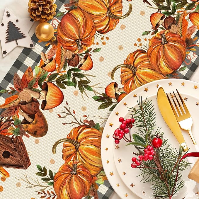 Pumpkin Burlap Table Runner Seasonal Spring Fall Kitchen Dining Linen Table Decoration for Indoor Outdoor Home Party Dinner 13x72 Inch