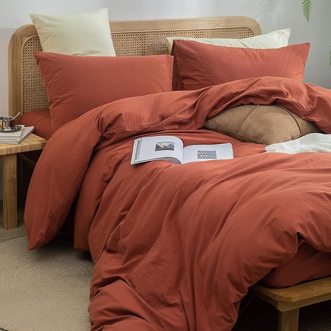 BESTOUCH Duvet Cover Set 100% Washed Cotton Linen Feel Super Soft Comfortable Chic Lightweight 3 PCs Home Bedding Set Solid Crimson Red Cal King