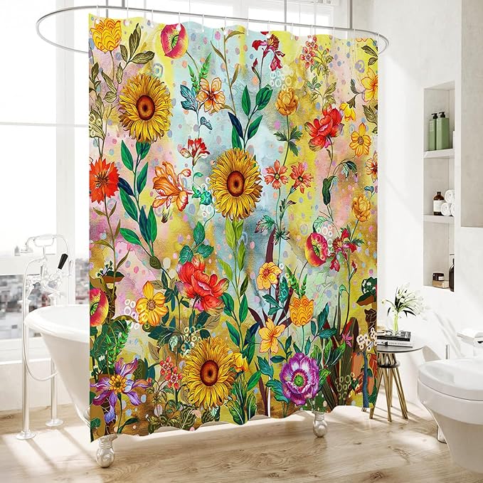 Bohemian Bathroom Curtain Colorful Boho Floral Print Beautiful Bright Polyester Fabric Cloth Shower Curtain for Bathroom Decoration, 72"x72"