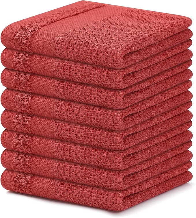 Homaxy 100% Cotton Dish Cloths, 8 Pack - 12 x 12 Inches, Waffle Weave Super Soft and Absorbent Dish Towels Quick Drying Dishcloths, Red