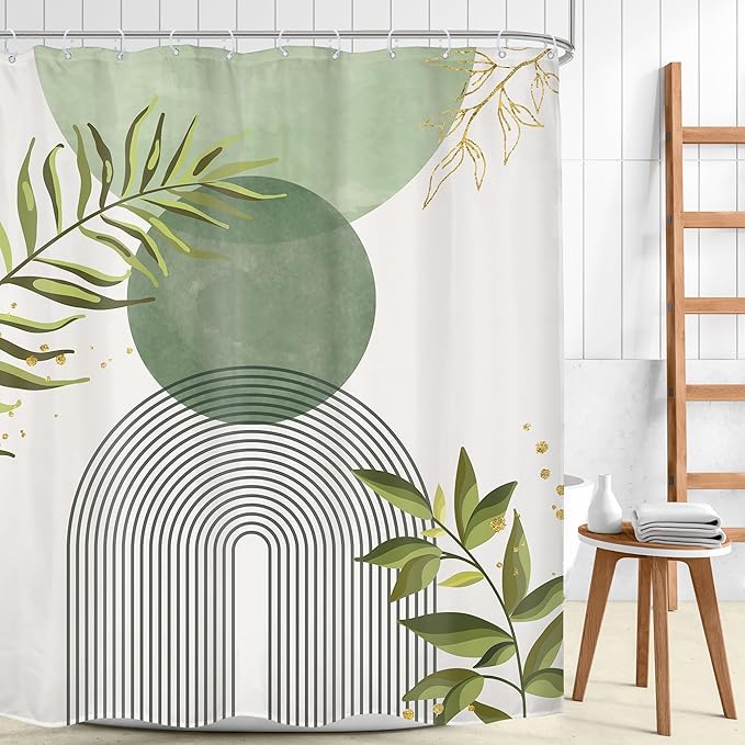 Sage Green Boho Shower Curtain 72Wx78H Modern Bohemian Abstract Leaves Olive Dark Green Mid Century Plant Bathroom Decor Minimalist Geometric Arch Bath Curtain Fabric Polyester 12 Pack Hooks