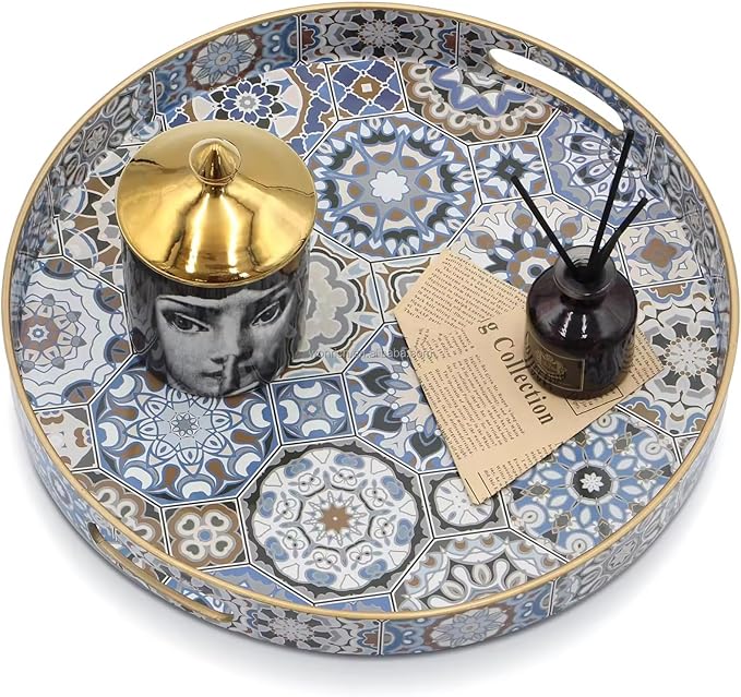 Round Serving Tray with Handles - Boho Coffee Table Tray Ottoman Tray,Large Trays for Ottoman Coffee Table,Modern Decorative Trays for Living Room
