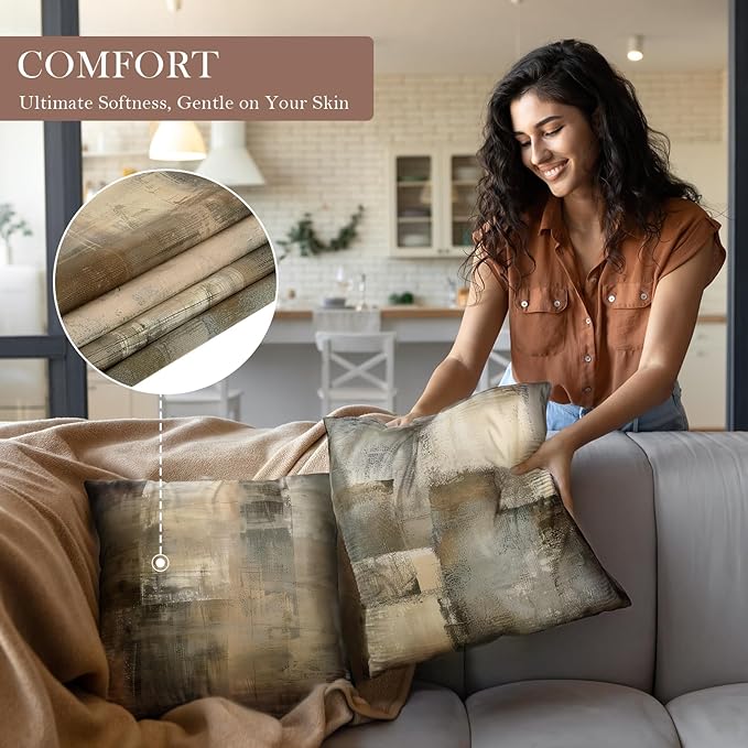 Brown Tan and Gray Throw Pillow Covers,Set of 4 16X16 Inch Taupe Modern Art Abstract Painting Home Decor Couch Pillow Covers Neutral Decorative for Sofa Bedroom Living Room