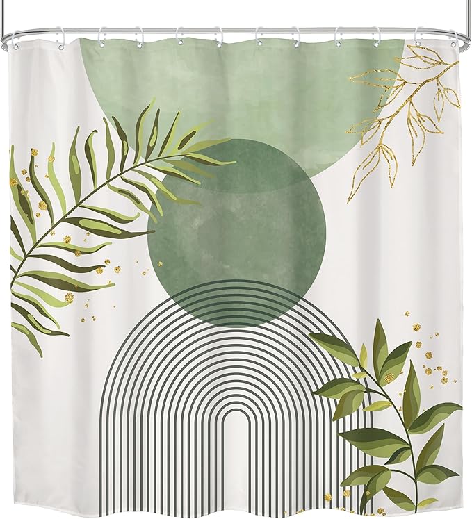 Sage Green Boho Shower Curtain 72Wx72H Modern Abstract Bohemian Leaves Minimalist Neutral Botanical Geometric Arch Bathroom Decor Mid Century Plant Bath Curtain Fabric Polyester 12 Pack Hooks