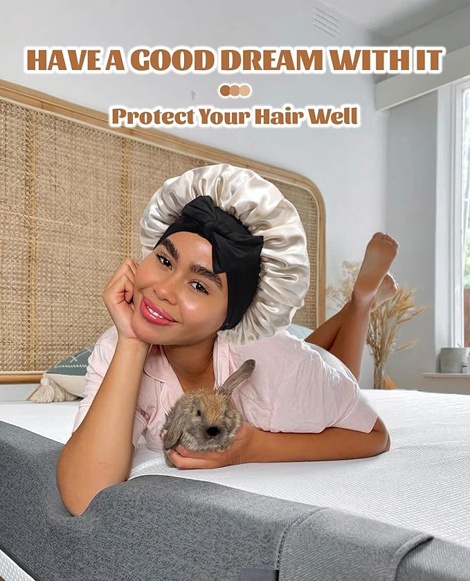 Satin Bonnet Silk Bonnet for Sleeping Silk Sleep Cap Double Layer Hair Bonnet with Elastic Tie Band for Curly Hair Night Cap (Black + Champagne)