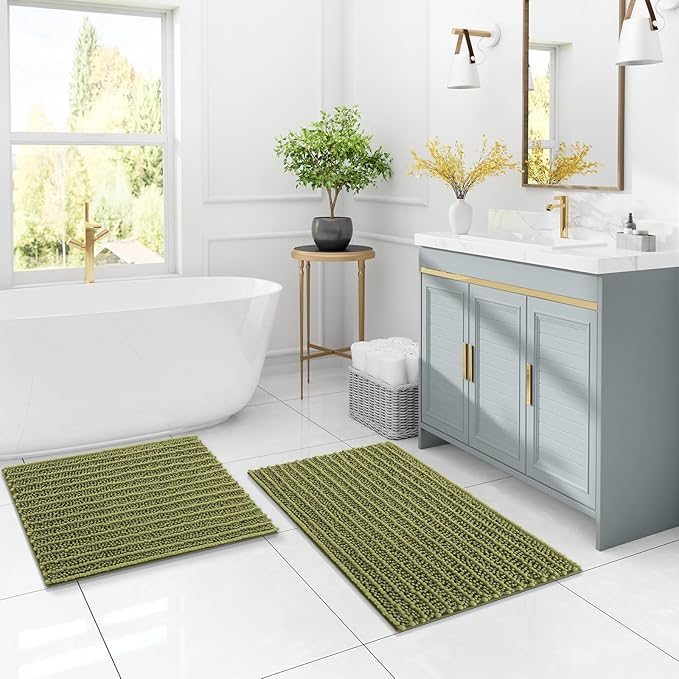 Arotive Luxury Chenille Bathroom Rug Mat, Extra Soft Thick Absorbent Shaggy Bath Rugs, Non-Slip Machine Wash Dry, Plush Bath Mats for Bathroom, Shower and Tub, 24x16, Willow Green