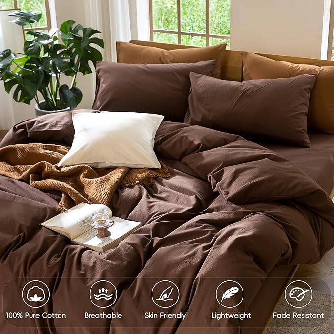 MooMee Bedding Duvet Cover Set 100% Washed Cotton Linen Like Textured Breathable Durable Soft Comfy (Solid Cocoa Brown, Queen 90"x90")