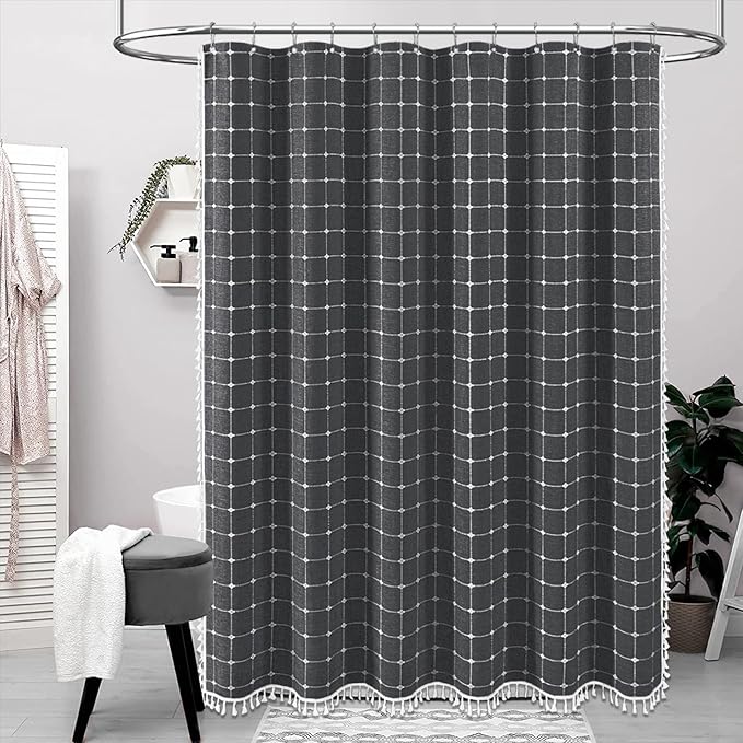 BTTN Extra Long Shower Curtain - 72x96 Inch Long Boho Chic Linen Fabric Heavy Duty Shower Curtain Set with Hooks, Tall Bohemian Farmhouse Shabby Chic Shower Curtains for Bathroom - Charcoal Grey/Gray