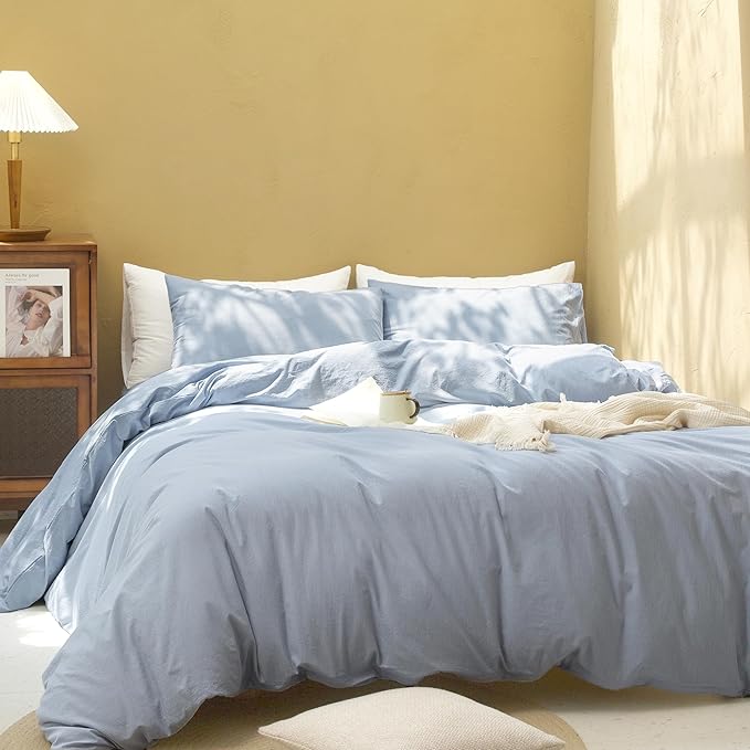FOSSA Duvet Cover Set 100% Washed Cotton Linen Feel Super Soft Breathable Cozy 3 Pieces Bedding Sets Solid Cornflower Blue California King